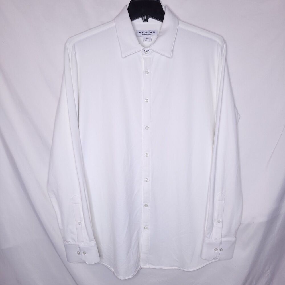 Mizzen Main Shirt Mens Large White Herringbone Classic Fit Performance